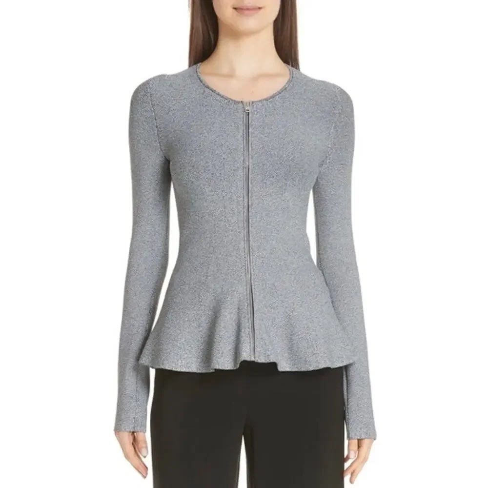 Theory Marl Peplum Jacket Glossed Grey White Zip Front Knit Cardigan Size P